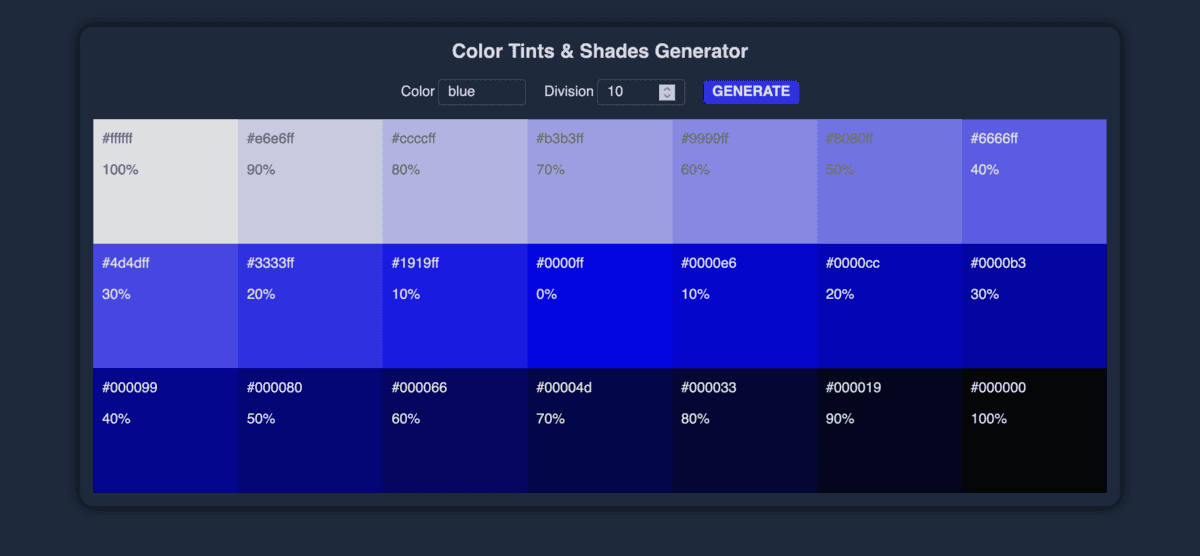 Generate color shades and tints with an option to copy to clipboard.
